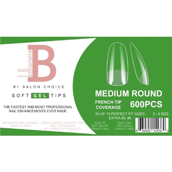 Billionaire Soft Gel Tips Box Nail False Fake Medium Round - 600pcs