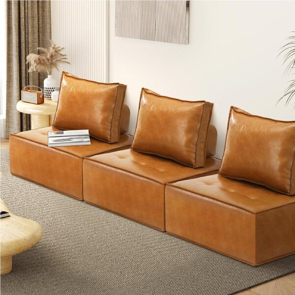Oikiture 3PC Modular Sofa Lounge Chair Armless TOFU Back PU Leather Brown