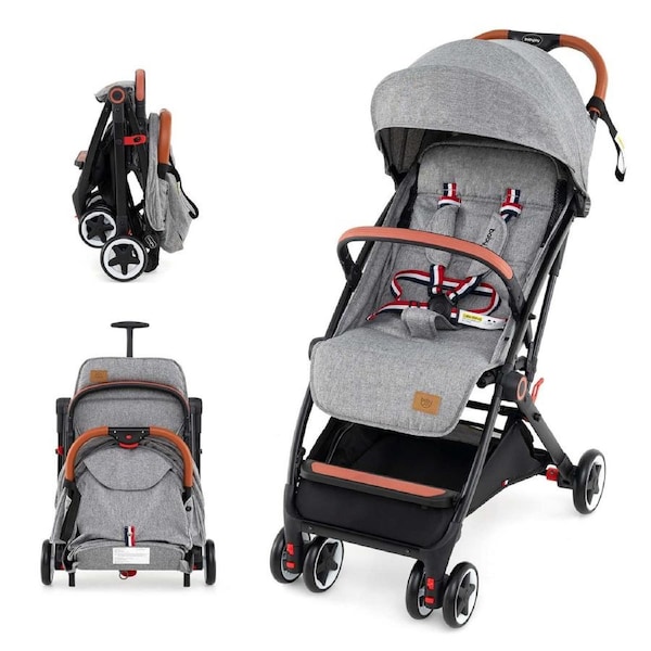 Costway Folding Stroller & Pushchair Pram w/Adjustable Backrest & Footrest & 5-Point Harness Grey