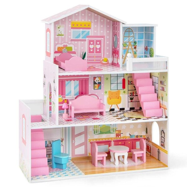 Costway 3-Story Pretend Play Dollhouse Wooden Dollhouse w/ Rooms & Furniture Set Toy Gift Pink