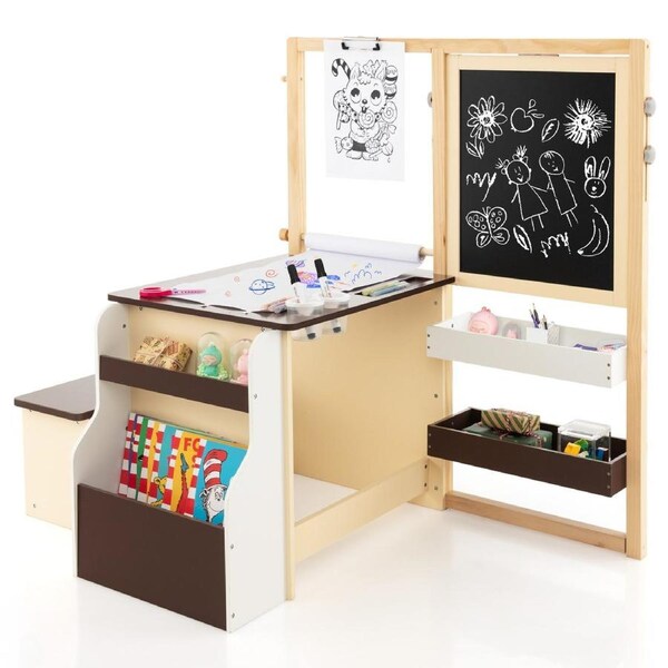 Costway 3IN1 Painting Table Bench Set Double-Sided Art Easel Storage Bookshelf w/Cup Holders & Metal Clips Coffee