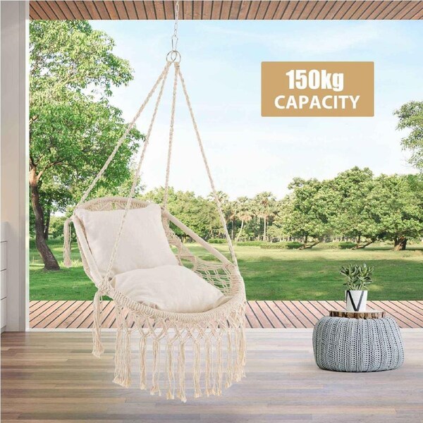Costway Hammocks Swing Chair Hanging Macrame Chair Outdoor Indoor w/2 Cushions, Beige