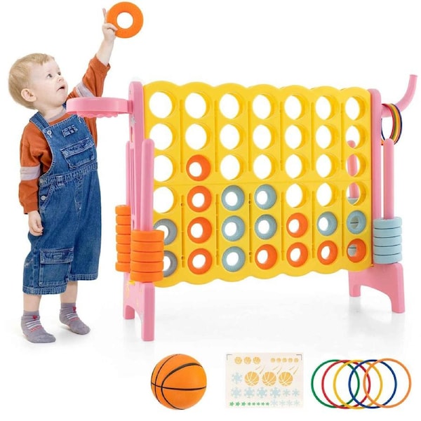 Costway Giant Connect 4 In A Row Jumbo 4-To-Score Game Set Fun Play Toy w/Basketball Hoop & Toss Ring,Pink