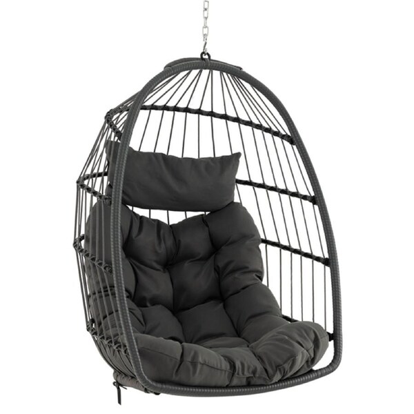 Costway Patio Hammocks Swing Chair Rattan Hanging Egg Chair Garden Home Backyard w/Pillow & Cushions Grey (Without Chair Stand)