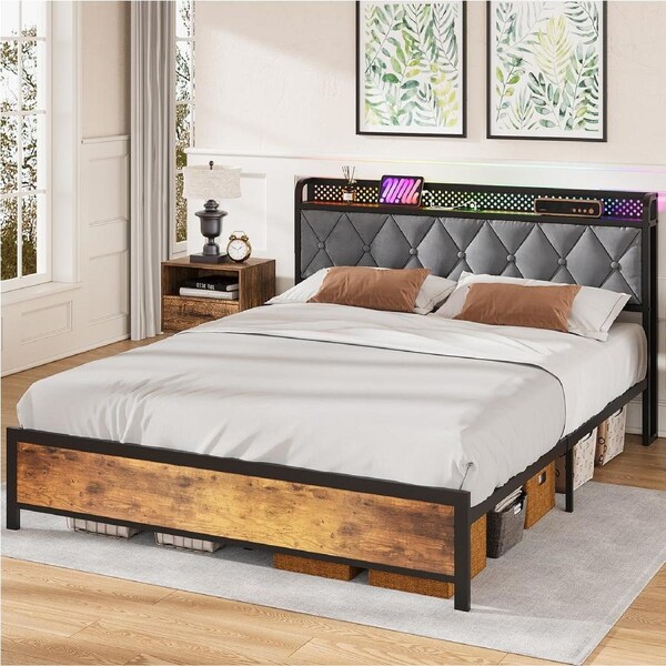 Advwin Bed Frame Double Size Mattress Base with Charging Station and RGB LED Lights Metal Bed Base with USB Ports Storage Headboard Shelf