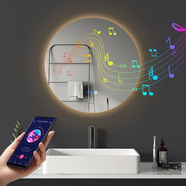 ACA 60CM Bathroom Round Anti-fog Wall Makeup Mirror Touch LED Light Bluetooth Wall Mounted