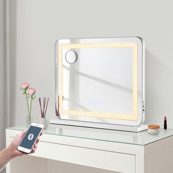 ACA Vanity Tabletop Bluetooth Speaker Touch Crystal LED Light Makeup Mirror 58x46cm