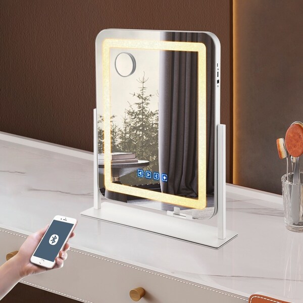 50x40cm Vanity Tabletop Crystal LED Light Makeup Mirror Free Rotation Bluetooth