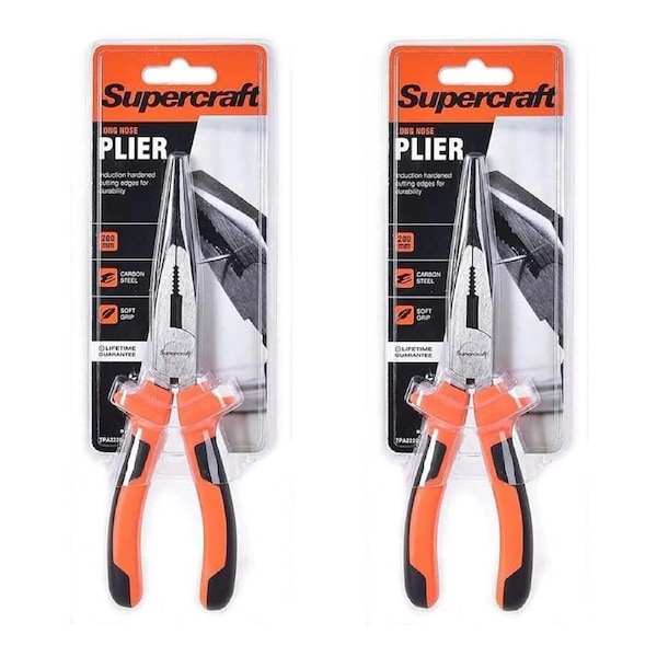 2x Supercraft Long Nose Pliers Carbon Steel 200mm Long With Soft Grip Handles
