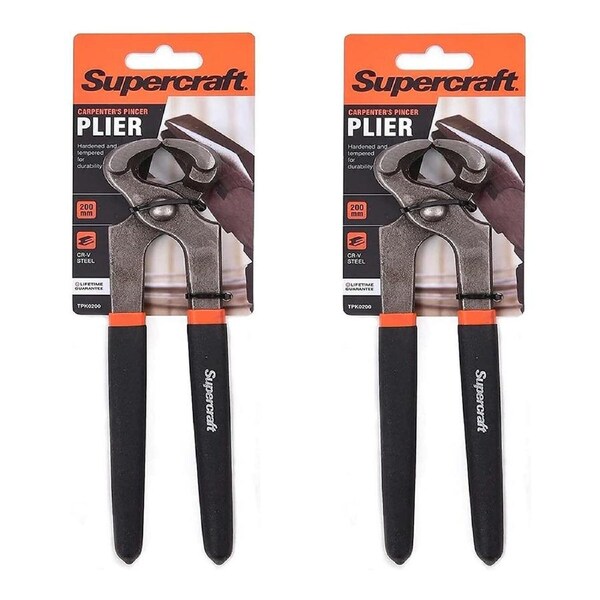2x Supercraft Carpenters Pincer Nose Cr-V Steel Pliers 200mm w/ Vinyl Wrap