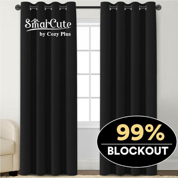2 x Blockout Curtains Blackout Bedroom Curtain Draperies Eyelet for Living Room 2 X W132cm X D160cm / Black