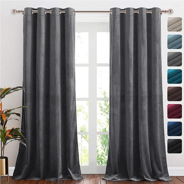 2x Luxury Velvet Blockout Curtains Thick Soft Window Curtain Draperies 1 Pair Grey / W132cm X D160cm