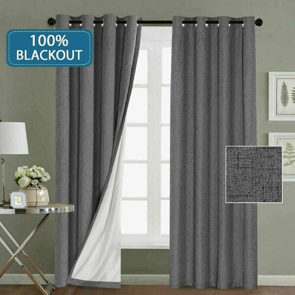 2x 100% Blackout Curtains Pair Rich Linen Textured Curtain Draperies for Bedroom Gray / W168cm X D137cm