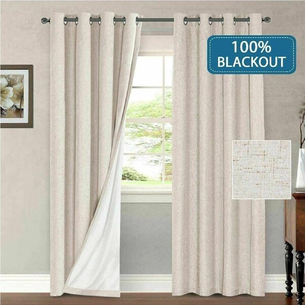 2x 100% Blackout Curtains Pair Rich Linen Textured Curtain Draperies for Bedroom Natural / W117cm X D137cm