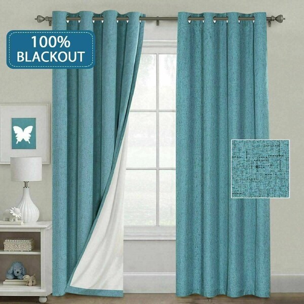 2x 100% Blackout Curtains Pair Rich Linen Textured Curtain Draperies for Bedroom Teal / W168cm X D229cm