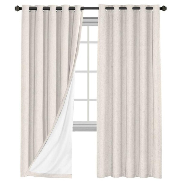2x 100% Blackout Curtains Pair Rich Linen Textured Curtain Draperies for Bedroom Ivory / W168cm X D183cm
