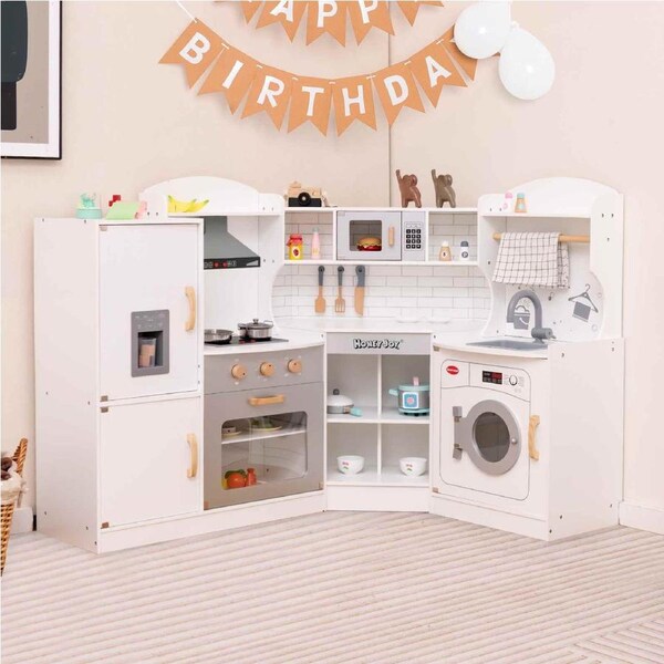 Costway Kitchen Play Set Pretend Wooden Play Corner Cooking Toy w/ Kitchen Accessories Birthday Gift