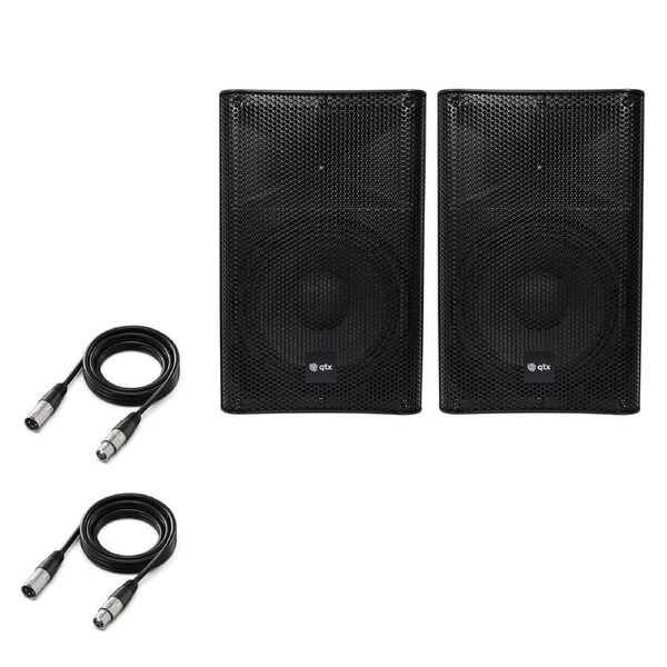 QTX Quest-10A 10" Active PA Speaker Stereo Pair Bundle - 1200W + 2x XLR Cables