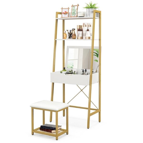 Giantex Ladder Vanity Table & Stool Set Display Shelves Makeup Dressing Desk Set w/Flip Top Mirror, Gold