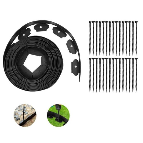 OZNALA 5CM X 10M Fence Landscape Garden Lawn Edging Border Flexible Plant Grass Barrier No Dig with 30 Pegs Black