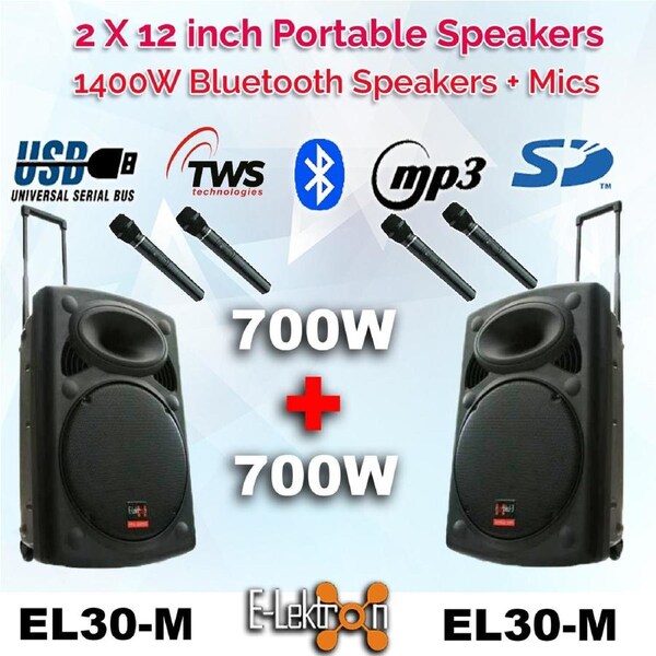 E-Lektron EL30-M Set 2X12" inch TWS Linkable Bluetooth 5.0 Portable 1400W Powerful PA Speakers Sound System