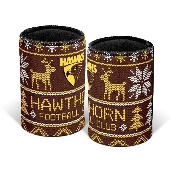 AFL Christmas Stubby Cooler - Hawthorn Hawks - Rubber Base - XMAS
