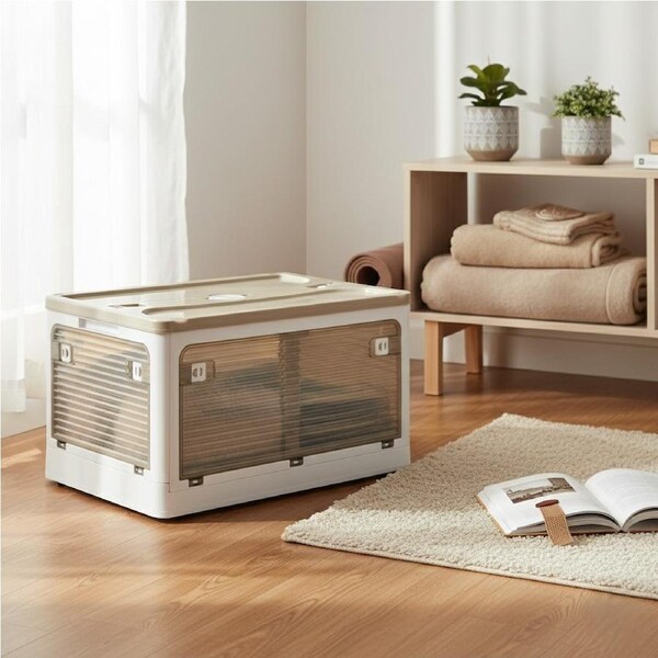 Stacked55L Storage Boxes Stackable Container with Lid 5 Sides Open Wardrobe Foldable