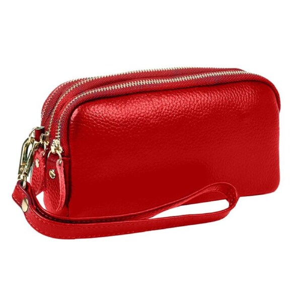 Women Long Wallet Genuine Leather 3-Layer Zipper Purse Bag Phone Bag Money Purses Clutch Wallets with Wrist Strap- Wine Red