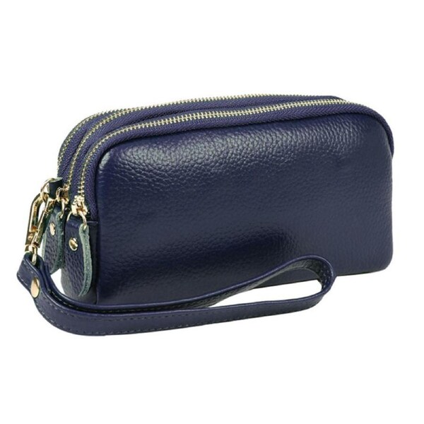 Women Long Wallet Genuine Leather 3-Layer Zipper Purse Bag Phone Bag Money Purses Clutch Wallets with Wrist Strap- Blue