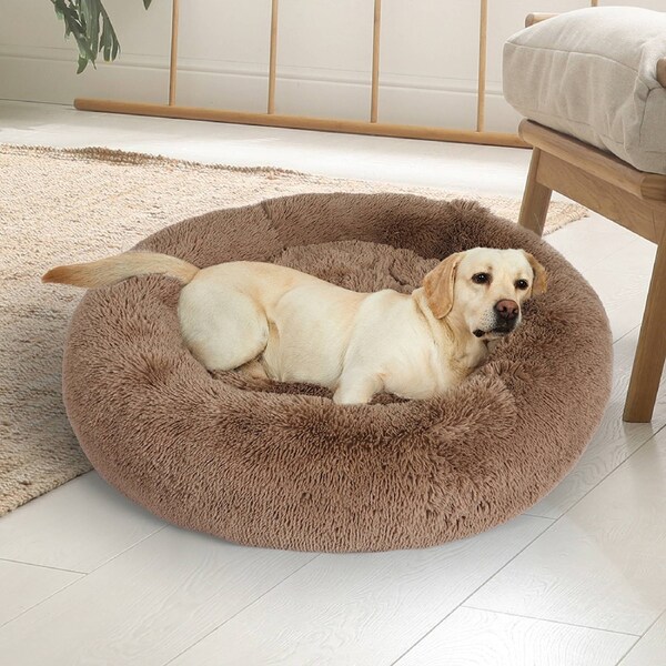 Pawz Pet Dog Calming Bed Warm Soft Plush Round Comfy Sleeping Washable Brown XL(80cm x 80cm x 24cm)