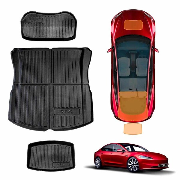 Tesla Model 3 Highland 2023-Onwards All-Weather Rear Front Toolbox Well Trunk Cargo Mats Interior Boot Liners Set Cover Luggage Tray