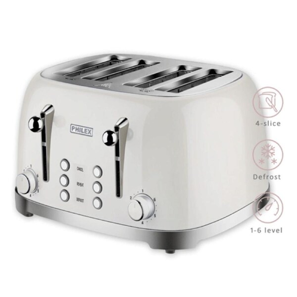 Philex 6 Setting 240V 4 Slice Retro Electric Defrost Reheat Bread Toaster White