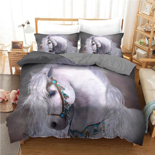 White Princess Horse Quilt Doona Duvet Cover Pillow Case Set King, 2 Pillow Cases