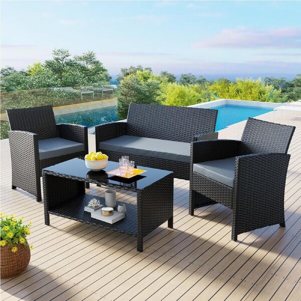 ALFORDSON 4PCS Outdoor Sofa Set Wicker Lounge Setting Black