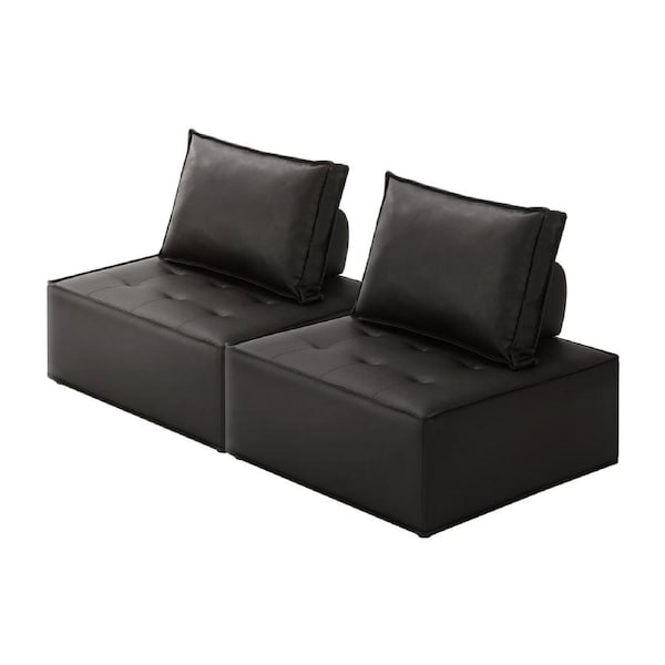 Oikiture 2PC Modular Sofa Lounge Chair Armless TOFU Back PU Leather Black