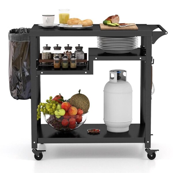 Costway 3-Shelf Kitchen Island Trolley Dining Cart Table BBQ Trolley Food Prep Worktable Wheels & Trash Bag Holder