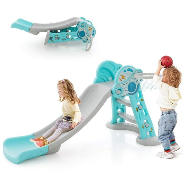 Costway 3IN1 Folding SlideActivity Center Indoor Playset w/Hoop & Ball Blue