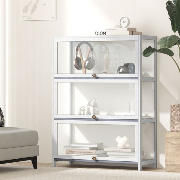 Oikiture Display Cabinet Storage 3-Tier Shelves Clear Bookcase Stand Rack White