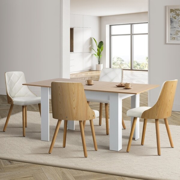 Oikiture 160cm Extendable Dining Table with 4PCS Dining Chairs PU Leather White