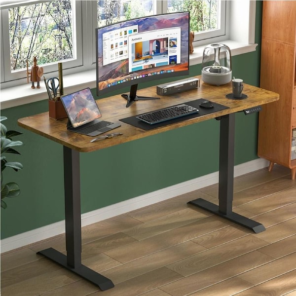 Advwin Standing Desk Electric Ergonomic Adjustable Height Sit Stand up Desk 120cm Walnut Splice Board Table Top+Black Frame