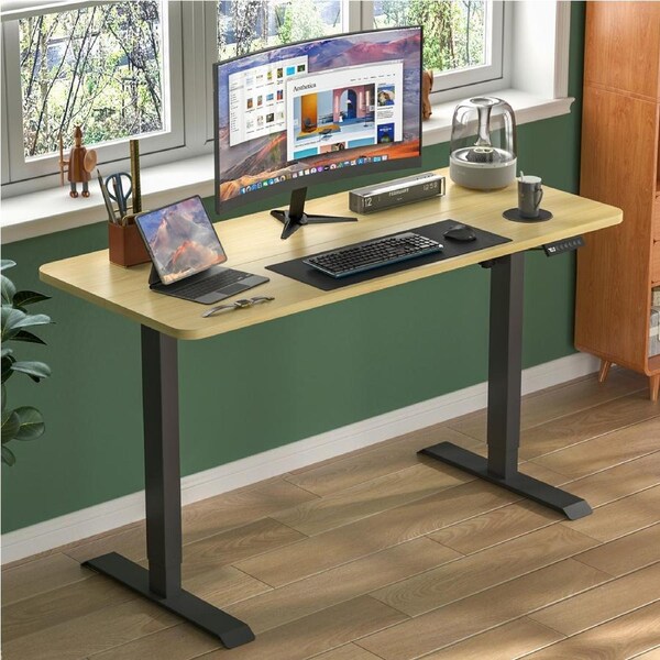 Advwin Standing Desk Electric Ergonomic Adjustable Height Sit Stand up Desk 120cm Oak Splice Board Table Top+Black Frame