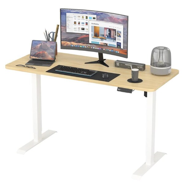 Advwin Standing Desk Electric Ergonomic Adjustable Height Sit Stand up Desk 120cm Oak Splice Board Table Top+White Frame