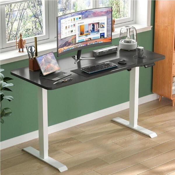 Advwin Standing Desk Electric Ergonomic Adjustable Height Sit Stand up Desk 140cm Black Splice Board Table Top+White Frame