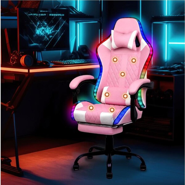 Advwin LED Gaming Chair Massage Ergonomic Executive Office Chair Computer Racing Recliner Footrest Seat Pink & White