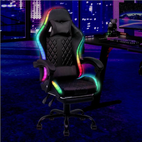 Advwin Gaming Chair 12 RGB LED Massage Ergonomic Executive Office Chair Computer Racing Recliner Footrest Seat Black