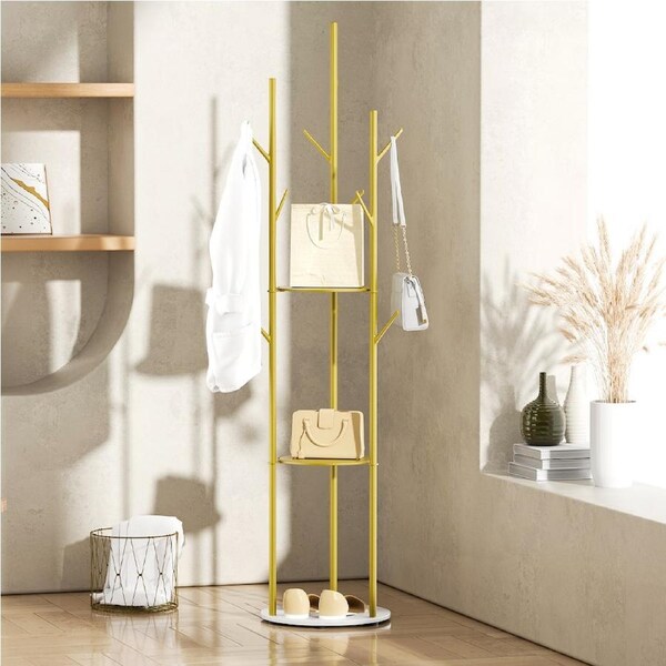 Levede 9-Hook Steel Coat Rack 161cm Garment Organiser with 3 shelves - Gold