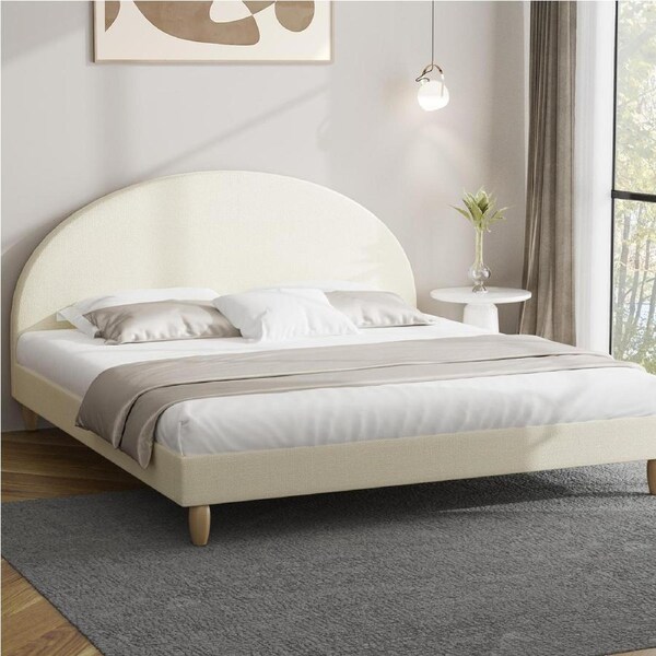Oikiture Bed Frame King Size Arched Beds Platform Beige Fabric
