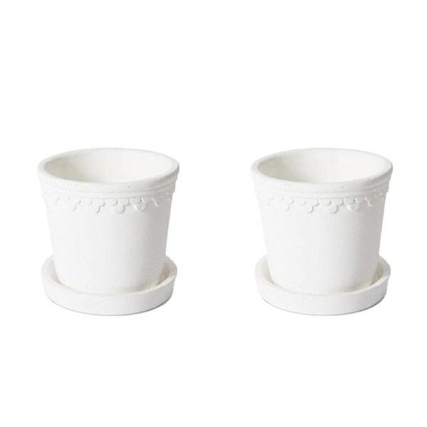 2x E Style Sophia 13cm Cement Plant Pot w/ Saucer Flower Planter Decor White