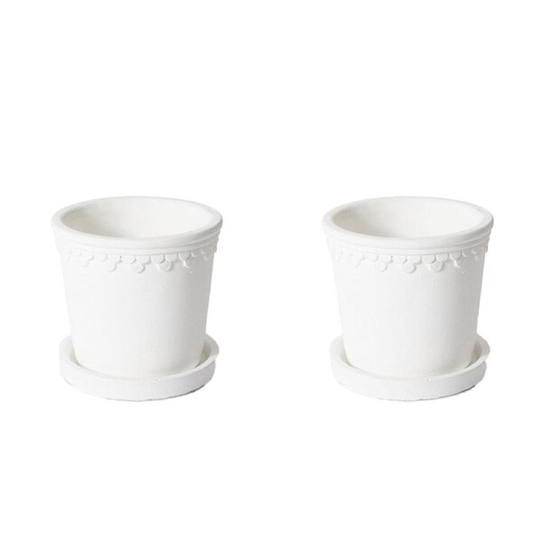 2x E Style Sophia 11cm Cement Plant Pot w/ Saucer Flower Planter Decor White