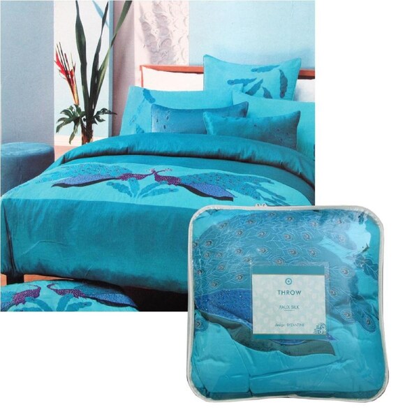 Byzantine Peocock Turquoise Faux Silk Throw Rug/Coverlet 160 x 220 cm